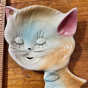 Vintage 50s Ceramic Cat Spoon Rest Ash Tray- Pastel Pink, Blue & Cream